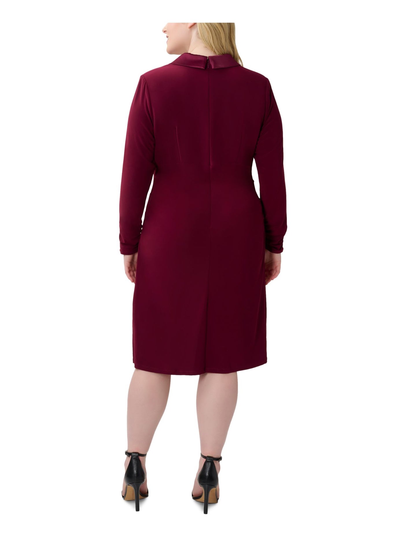 ADRIANNA PAPELL Womens Maroon Zippered Ruched Notch Collar Shoulder Pads Long Sleeve Above The Knee Wear To Work Sheath Dress Plus 22W
