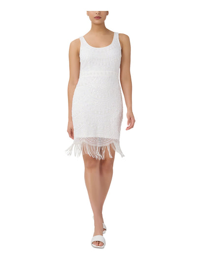 ADRIANNA PAPELL Womens Ivory Embellished Zippered Fringed Lined Darted Sleeveless Scoop Neck Above The Knee Evening Sheath Dress 2
