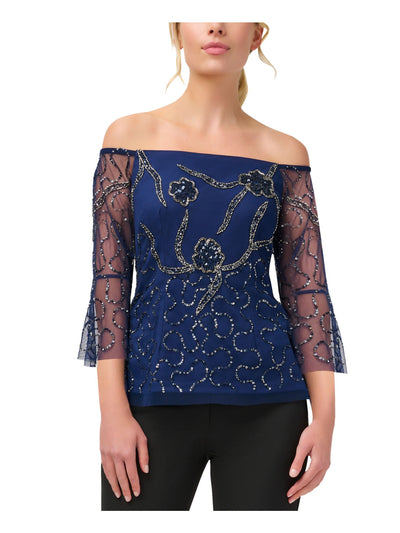 ADRIANNA PAPELL Womens Navy Embellished Zippered Lined Sheer Darted Bell Sleeve Off Shoulder Evening Blouse 12