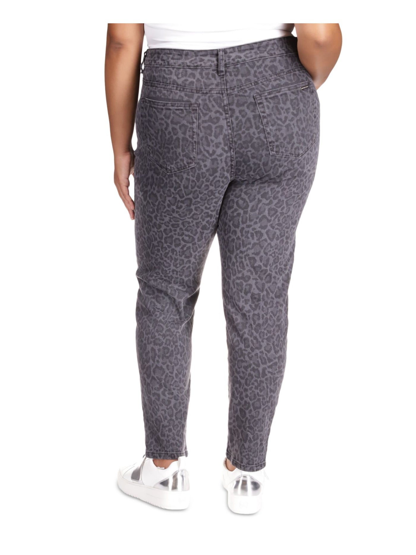 MICHAEL KORS Womens Gray Denim Pocketed Zippered Skinny Stretch Animal Print High Waist Jeans Plus 16W
