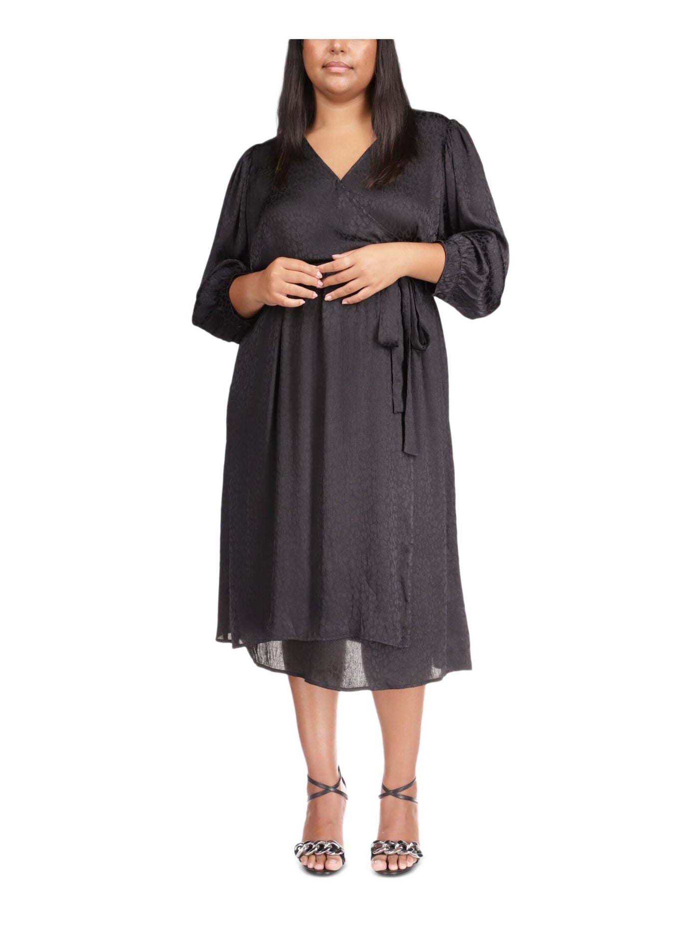 MICHAEL MICHAEL KORS Womens Black 3/4 Sleeve Surplice Neckline Midi Wear To Work Wrap Dress Plus 1X