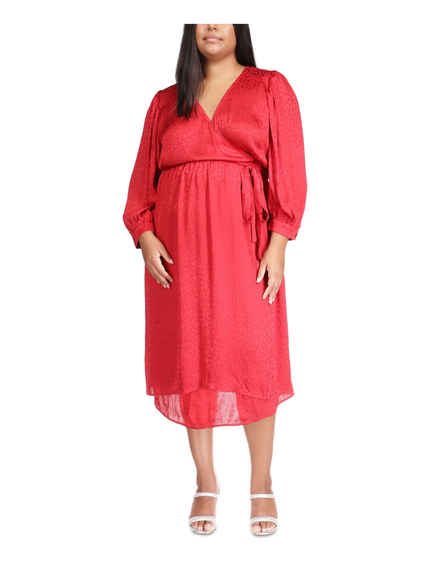 MICHAEL MICHAEL KORS Womens Red 3/4 Sleeve Surplice Neckline Midi Wrap Dress Plus 1X