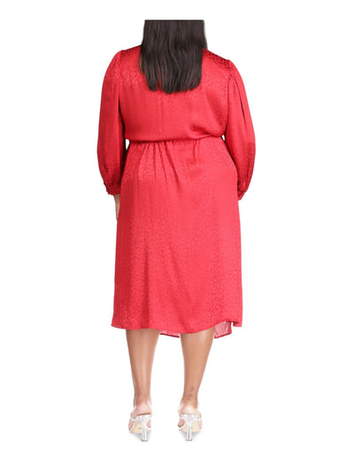 MICHAEL MICHAEL KORS Womens Red 3/4 Sleeve Surplice Neckline Midi Wrap Dress Plus 0X