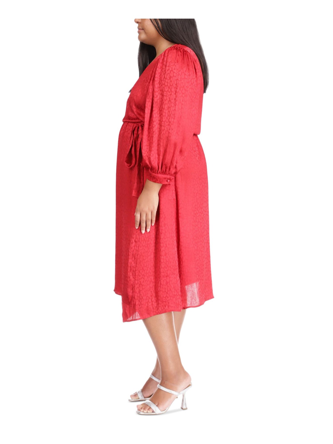 MICHAEL MICHAEL KORS Womens Red 3/4 Sleeve Surplice Neckline Midi Wrap Dress Plus 3X