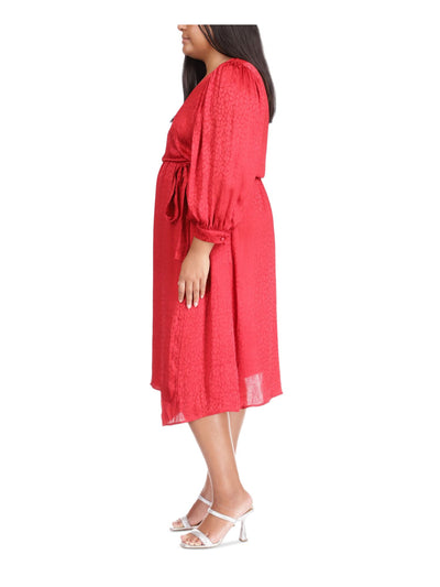 MICHAEL MICHAEL KORS Womens Red 3/4 Sleeve Surplice Neckline Midi Wrap Dress Plus 1X