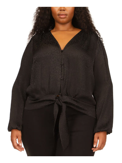 MICHAEL MICHAEL KORS Womens Black Sheer Unlined Tie Hem Darted Animal Print Long Sleeve V Neck Button Up Top Plus 2X