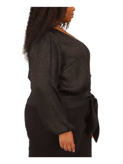 MICHAEL MICHAEL KORS Womens Black Sheer Unlined Tie Hem Darted Animal Print Long Sleeve V Neck Button Up Top Plus 3X