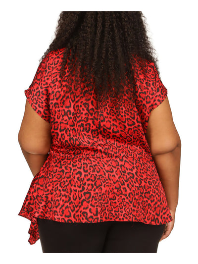 MICHAEL MICHAEL KORS Womens Red Unlined Cut Out Asymmetrical Hem Keyhole Back Animal Print Short Sleeve Round Neck Peplum Top Plus 2X