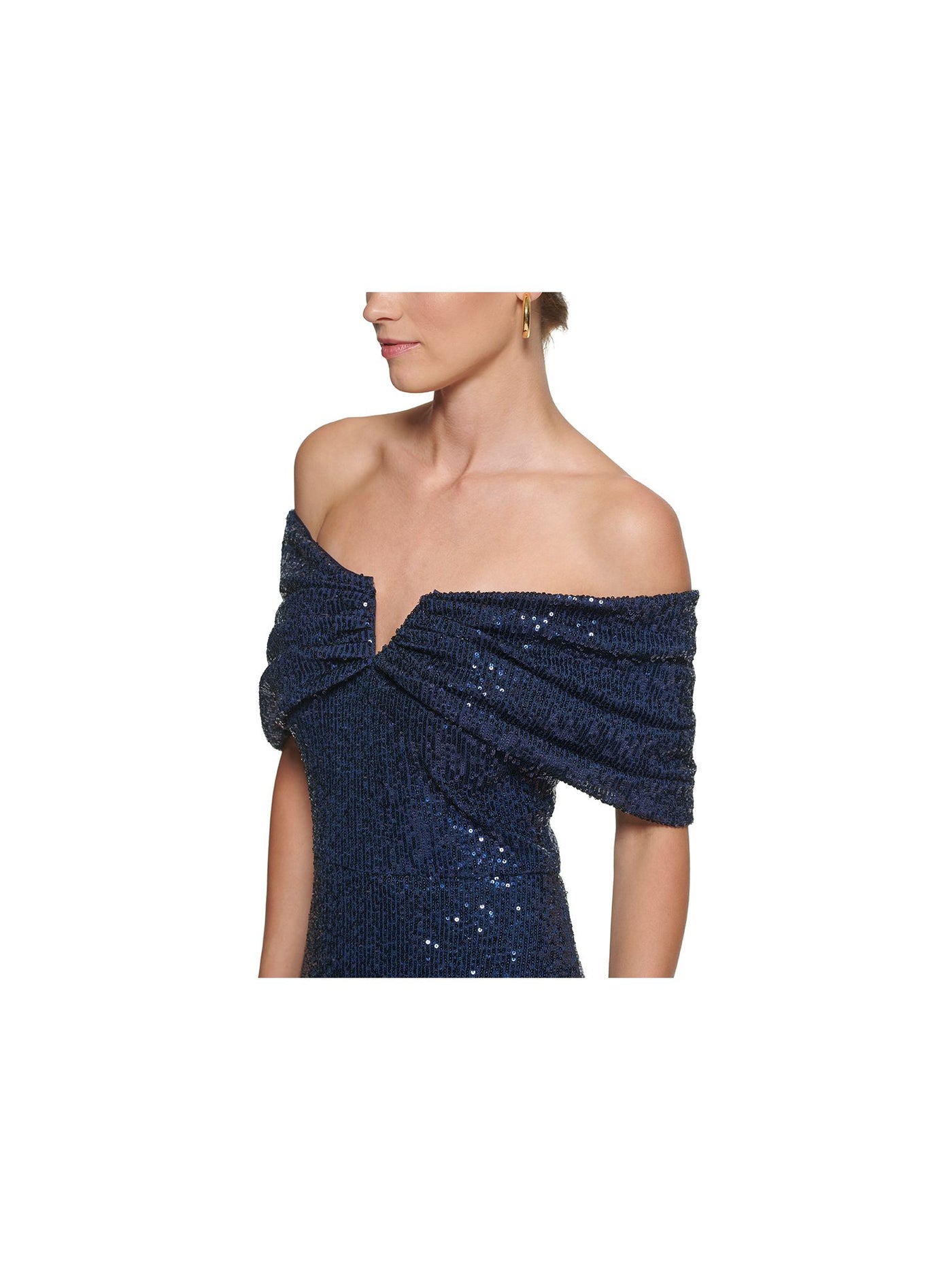 VINCE CAMUTO Womens Navy Sequined Zippered Lined Boning Ruched Elbow Sleeve Off Shoulder Full-Length Evening Gown Dress 2