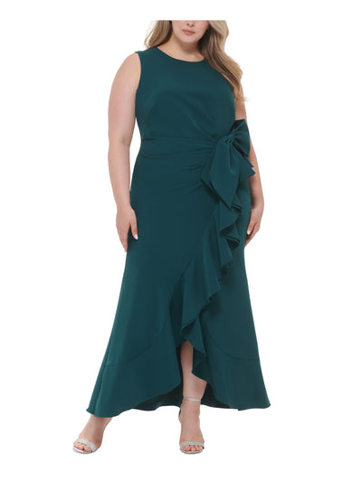 ELIZA J Womens Green Zippered Pleated Ruffled Bow Detail Tulip Hem Sleeveless Jewel Neck Full-Length Evening Gown Dress Plus 20W