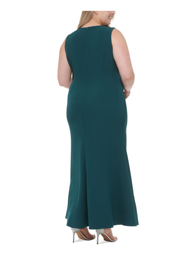 ELIZA J Womens Green Zippered Pleated Ruffled Bow Detail Tulip Hem Sleeveless Jewel Neck Full-Length Evening Gown Dress Plus 20W