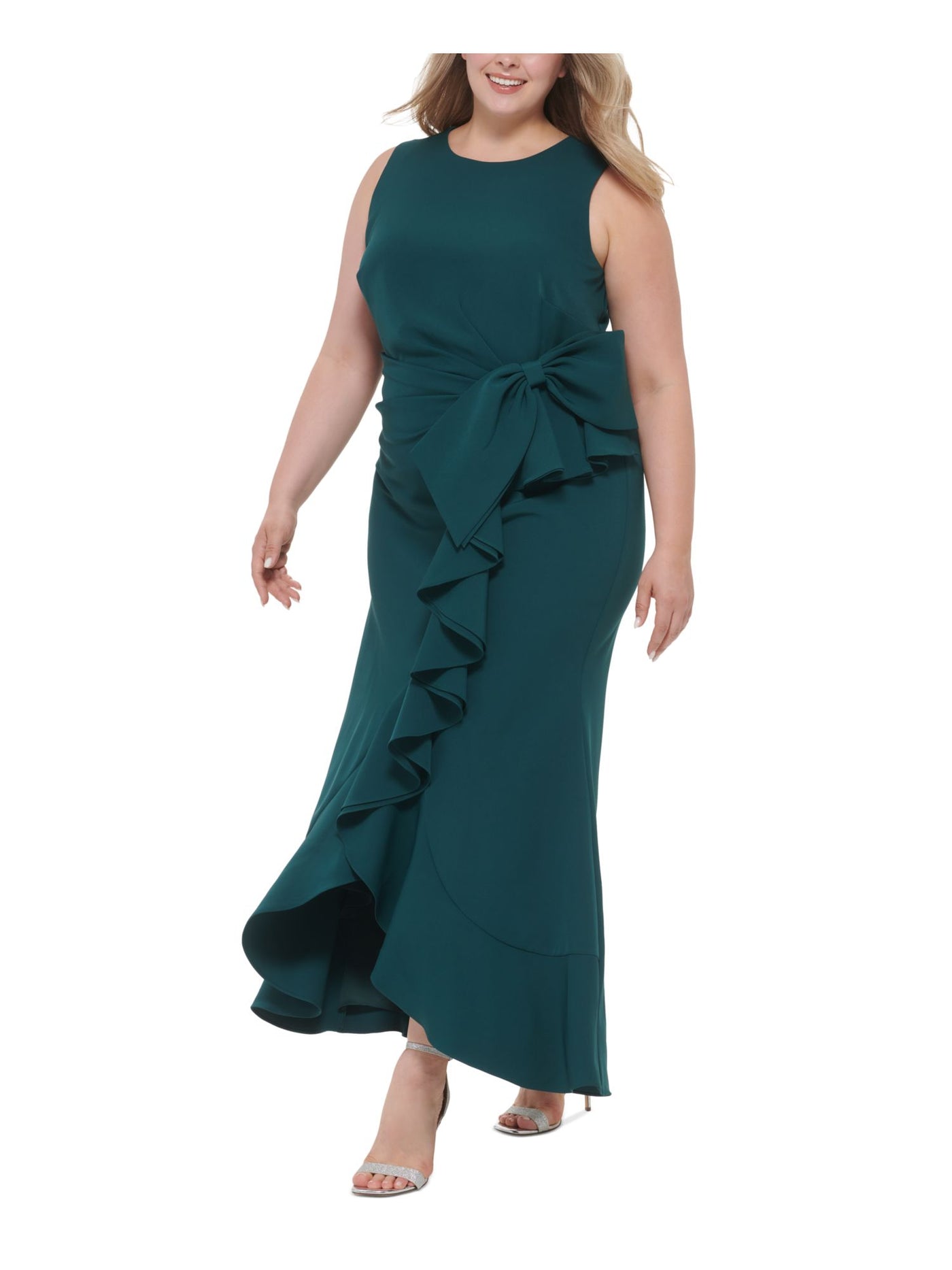 ELIZA J Womens Green Zippered Pleated Ruffled Bow Detail Tulip Hem Sleeveless Jewel Neck Full-Length Evening Gown Dress Plus 20W