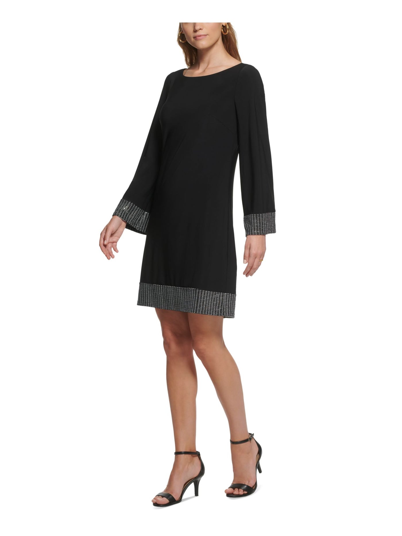 JESSICA HOWARD Womens Black Embellished Zippered Lined Long Sleeve Boat Neck Above The Knee Party Shift Dress 8