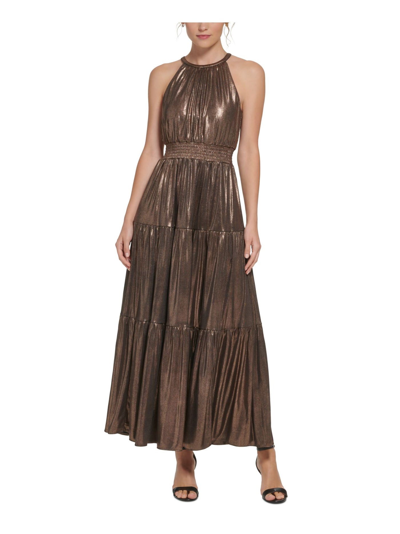 ELIZA J Womens Brown Zippered Smocked Tiered Lined Bodice Sleeveless Halter Maxi Evening Fit + Flare Dress 6
