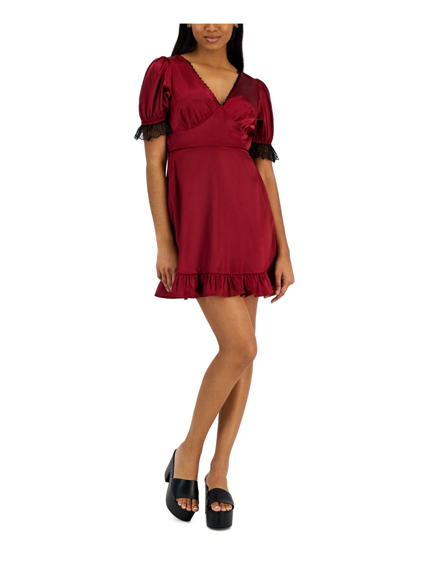 KIT + SKY Womens Red Lined Ruffled Keyhole Back Short Sleeve V Neck Above The Knee Party Shift Dress Juniors S