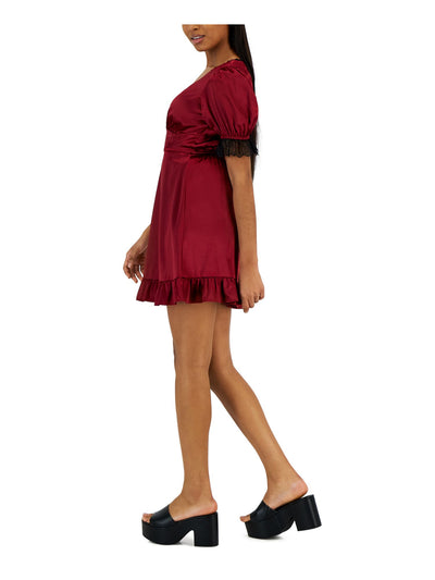 KIT + SKY Womens Red Lined Ruffled Keyhole Back Short Sleeve V Neck Above The Knee Party Shift Dress Juniors S