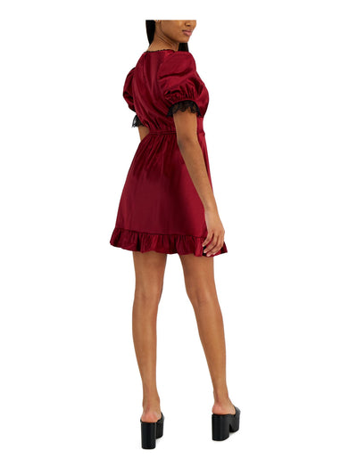 KIT + SKY Womens Red Lined Ruffled Keyhole Back Short Sleeve V Neck Above The Knee Party Shift Dress Juniors S