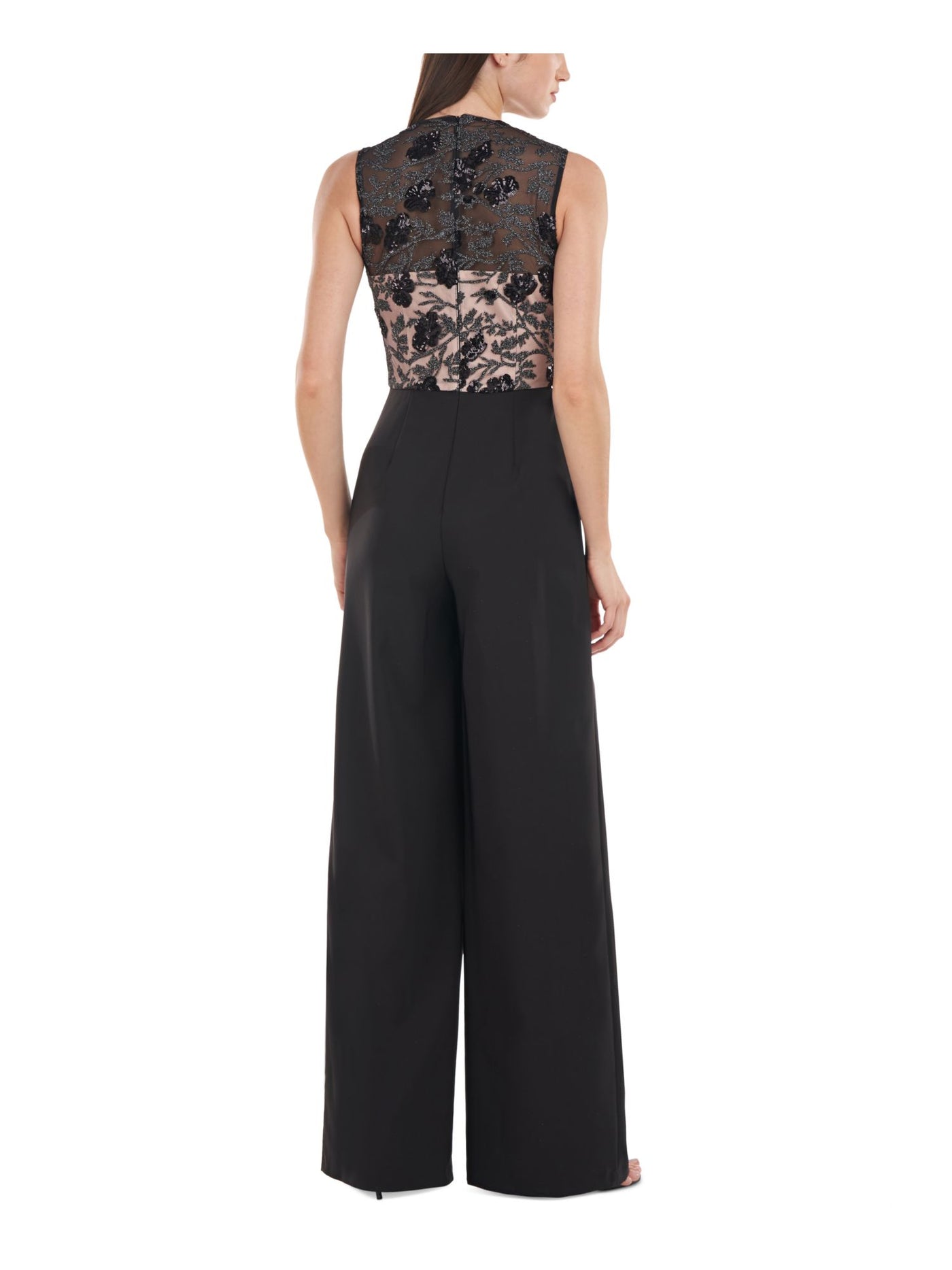 JS COLLECTIONS Womens Black Zippered Embroidered Sheer Lined Sequined Pleated Floral Sleeveless Round Neck Evening Wide Leg Jumpsuit 6