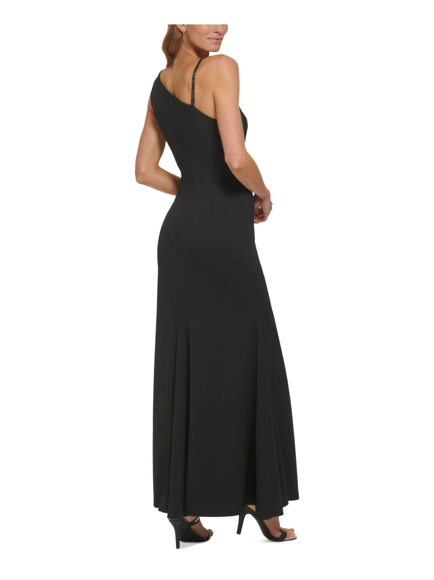 DKNY Womens Black Rhinestone Zippered Lined Darted Sleeveless Asymmetrical Neckline Full-Length Formal Mermaid Dress 6