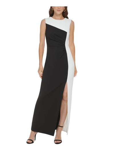 DKNY Womens Black Zippered Ruched Slit Lined Bodice Color Block Sleeveless Round Neck Full-Length Formal Gown Dress 4
