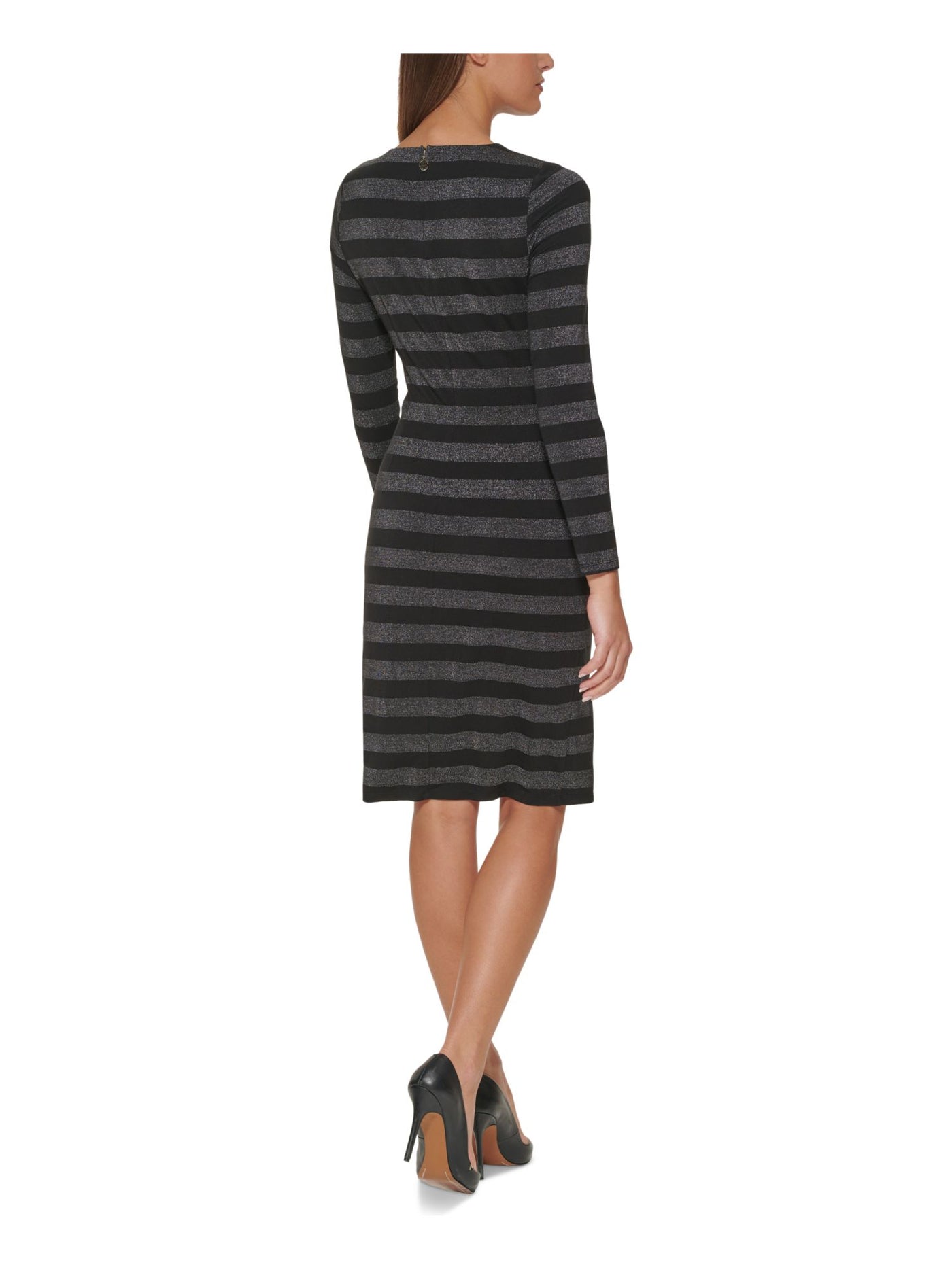 TOMMY HILFIGER Womens Black Zippered Unlined Twisted At Waist Striped Long Sleeve Round Neck Knee Length Sheath Dress 10