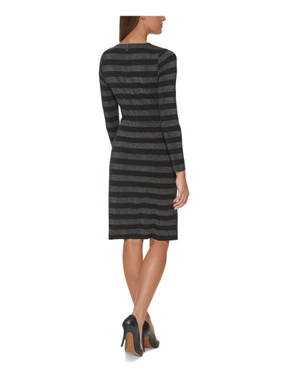 TOMMY HILFIGER Womens Black Zippered Unlined Twisted At Waist Striped Long Sleeve Round Neck Knee Length Sheath Dress 14