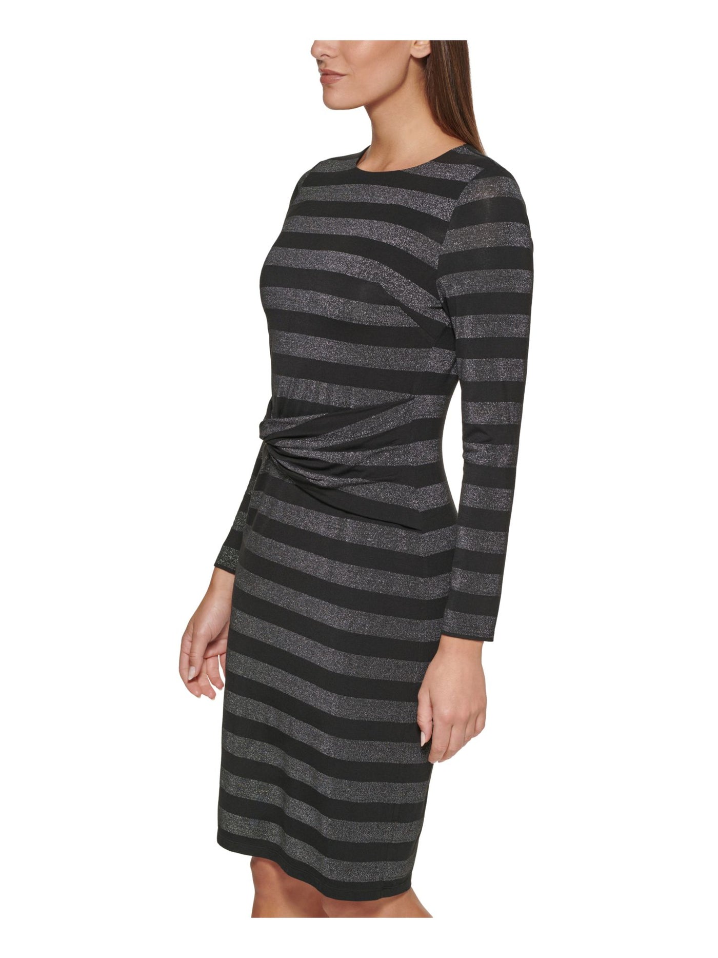 TOMMY HILFIGER Womens Black Zippered Unlined Twisted At Waist Striped Long Sleeve Round Neck Knee Length Sheath Dress 4