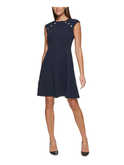 TOMMY HILFIGER Womens Navy Zippered Unlined Button Detail Cap Sleeve Square Neck Above The Knee Wear To Work Fit + Flare Dress Petites 0P