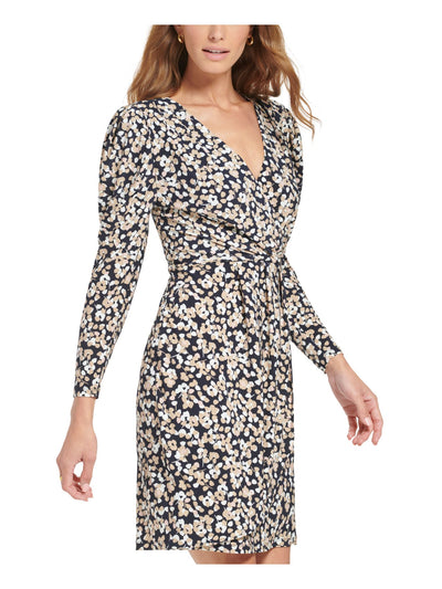 TOMMY HILFIGER Womens Navy Printed Long Sleeve V Neck Above The Knee Wear To Work Fit + Flare Dress 14
