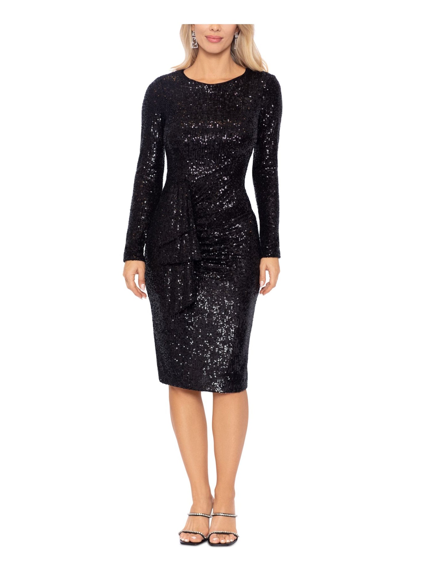 XSCAPE Womens Black Sequined Zippered Vented Drape Detail Gathered Lin Long Sleeve Jewel Neck Knee Length Cocktail Sheath Dress 4