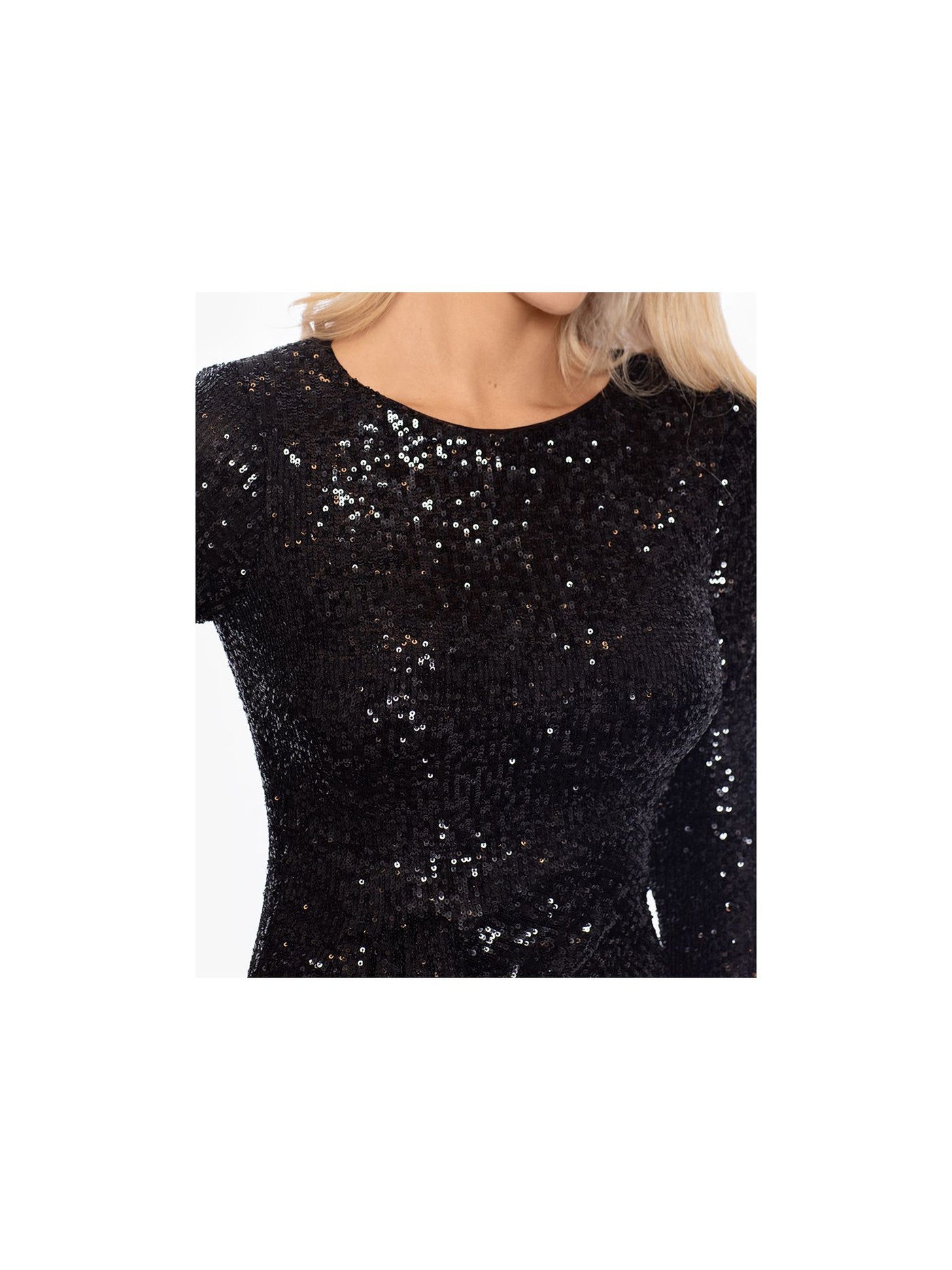 XSCAPE Womens Black Sequined Zippered Vented Drape Detail Gathered Lin Long Sleeve Jewel Neck Knee Length Cocktail Sheath Dress 4