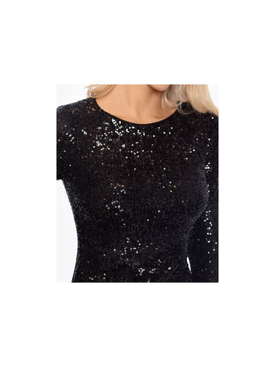XSCAPE Womens Black Sequined Zippered Vented Drape Detail Gathered Lin Long Sleeve Jewel Neck Knee Length Cocktail Sheath Dress 4