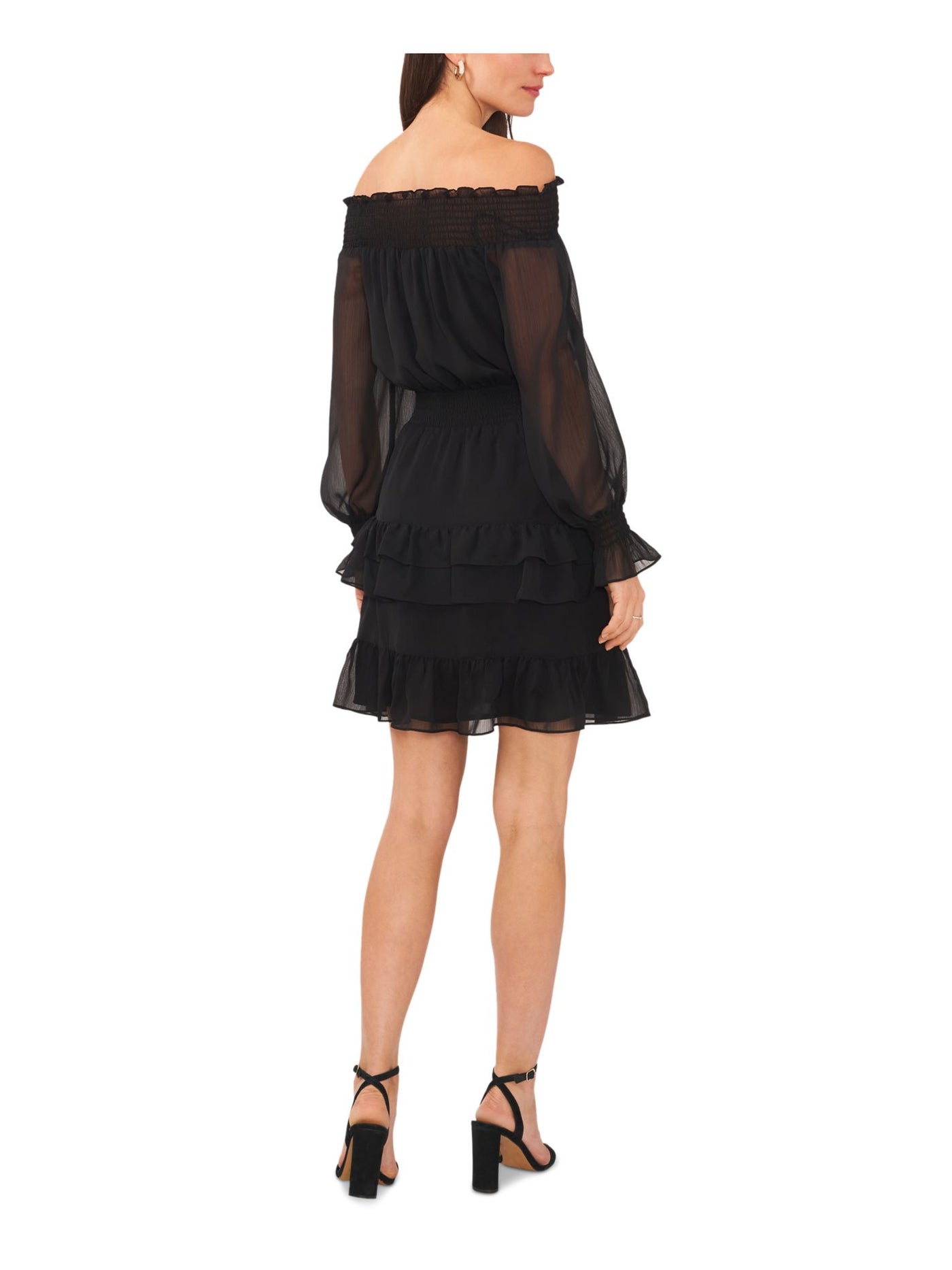 MSK Womens Black Smocked Ruffled Lined Sheer Pullover Tiered Long Sleeve Off Shoulder Short Cocktail Fit + Flare Dress M