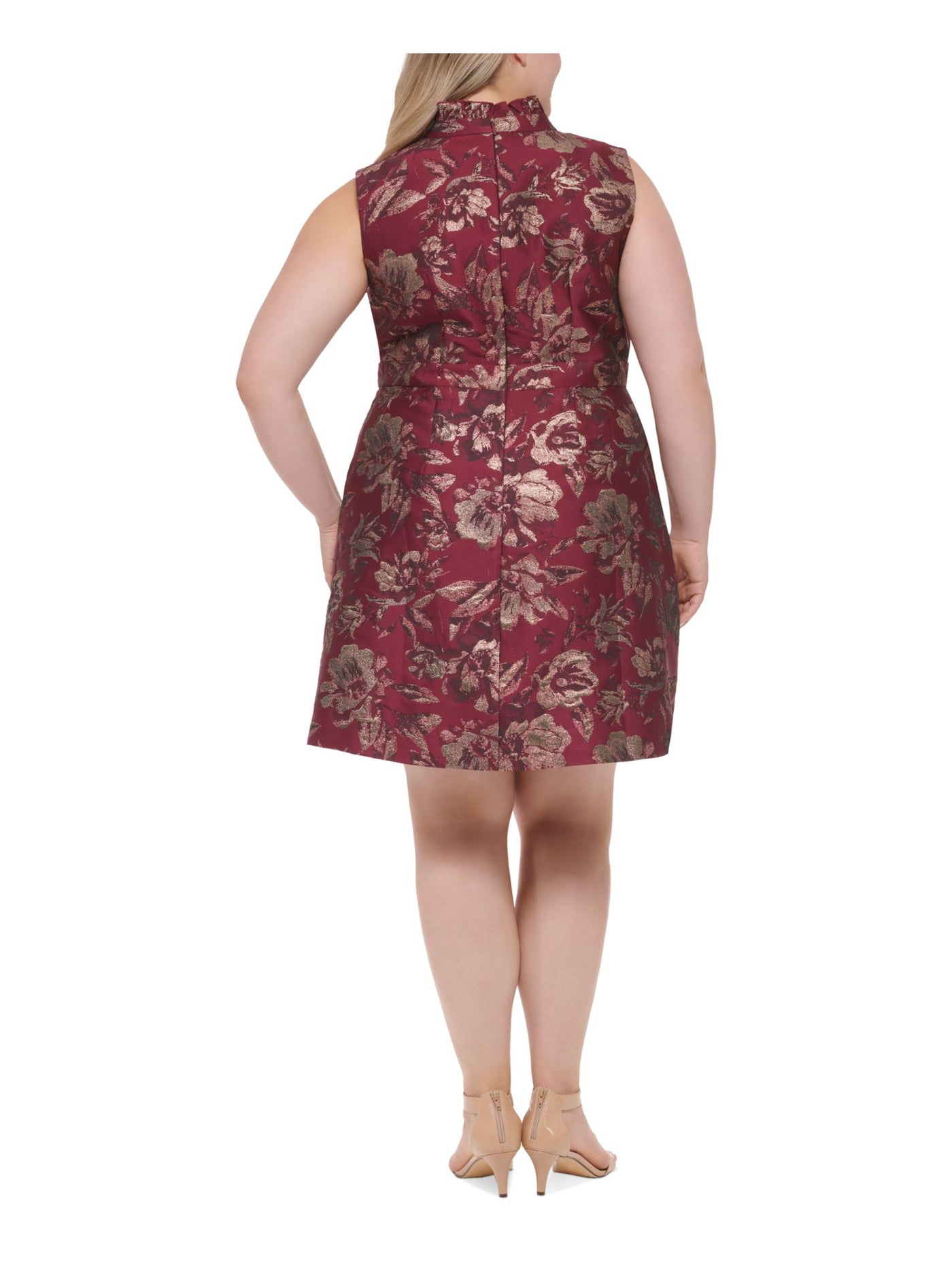 VINCE CAMUTO Womens Burgundy Zippered Pocketed Ruffled Pleated Lined Floral Sleeveless Split Above The Knee Fit + Flare Dress Plus 14W