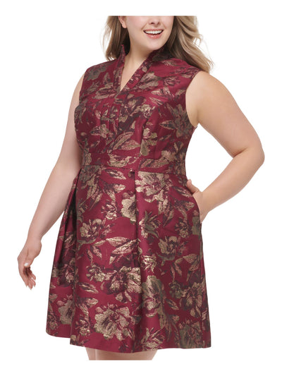 VINCE CAMUTO Womens Burgundy Zippered Pocketed Ruffled Pleated Lined Floral Sleeveless Split Above The Knee Fit + Flare Dress Plus 14W