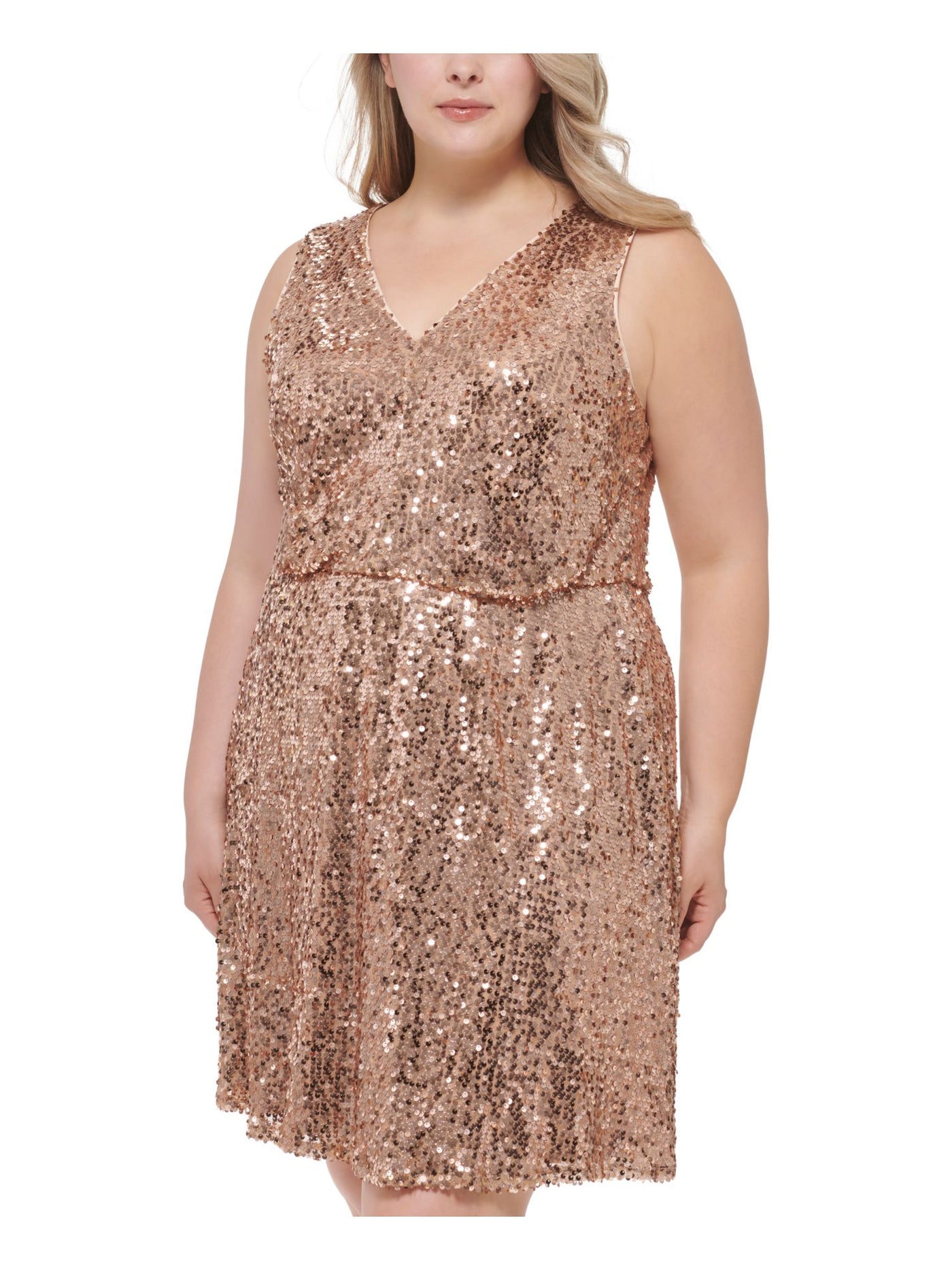 VINCE CAMUTO Womens Gold Sequined Zippered Lined Darted Elastic Waist Sleeveless V Neck Above The Knee Cocktail Fit + Flare Dress Plus 22W