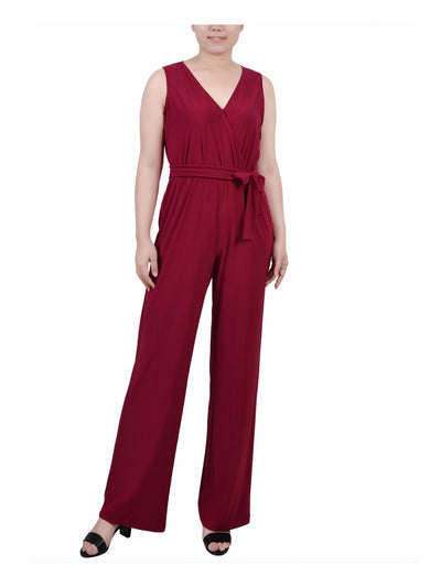 NY COLLECTION Womens Maroon Jersey Belted Stretch Pull-on Sleeveless Surplice Neckline Straight leg Jumpsuit Petites PL