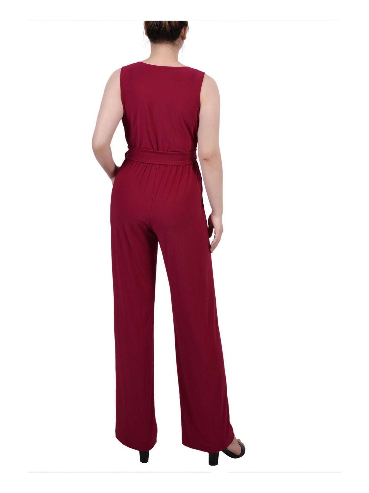 NY COLLECTION Womens Maroon Jersey Belted Stretch Pull-on Sleeveless Surplice Neckline Straight leg Jumpsuit Petites PL