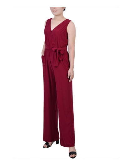 NY COLLECTION Womens Maroon Jersey Belted Stretch Pull-on Sleeveless Surplice Neckline Straight leg Jumpsuit Petites PL