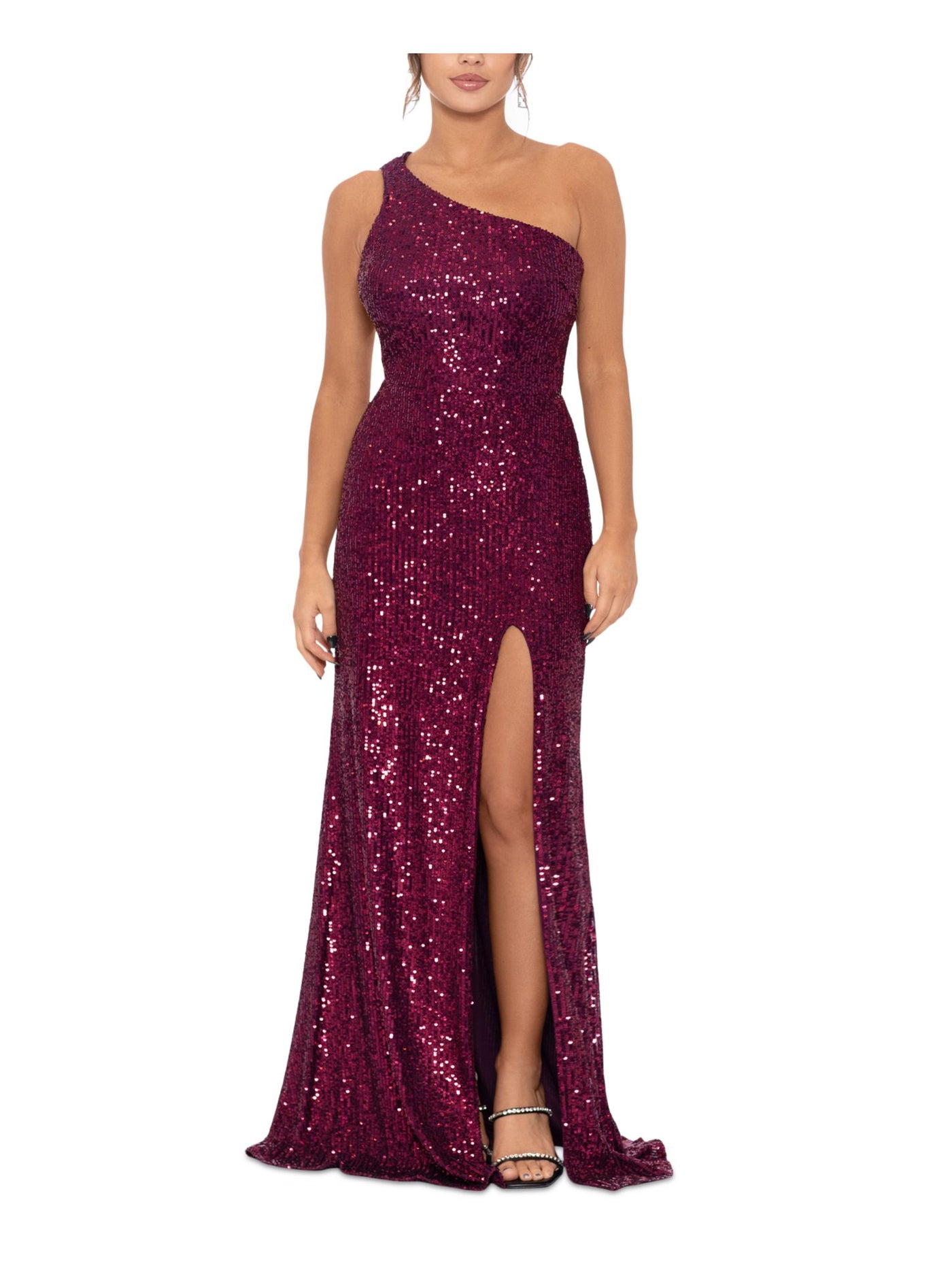 BLONDIE NITES Womens Purple Sequined Zippered Padded Slit Lined Lace Up Back Sleeveless Asymmetrical Neckline Full-Length Formal Gown Dress Juniors 9