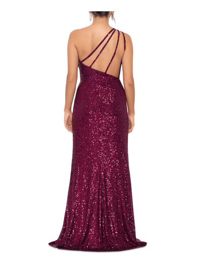 BLONDIE NITES Womens Purple Sequined Zippered Padded Slit Lined Lace Up Back Sleeveless Asymmetrical Neckline Full-Length Formal Gown Dress Juniors 11
