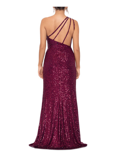 BLONDIE NITES Womens Purple Sequined Zippered Padded Slit Lined Lace Up Back Sleeveless Asymmetrical Neckline Full-Length Formal Gown Dress 11