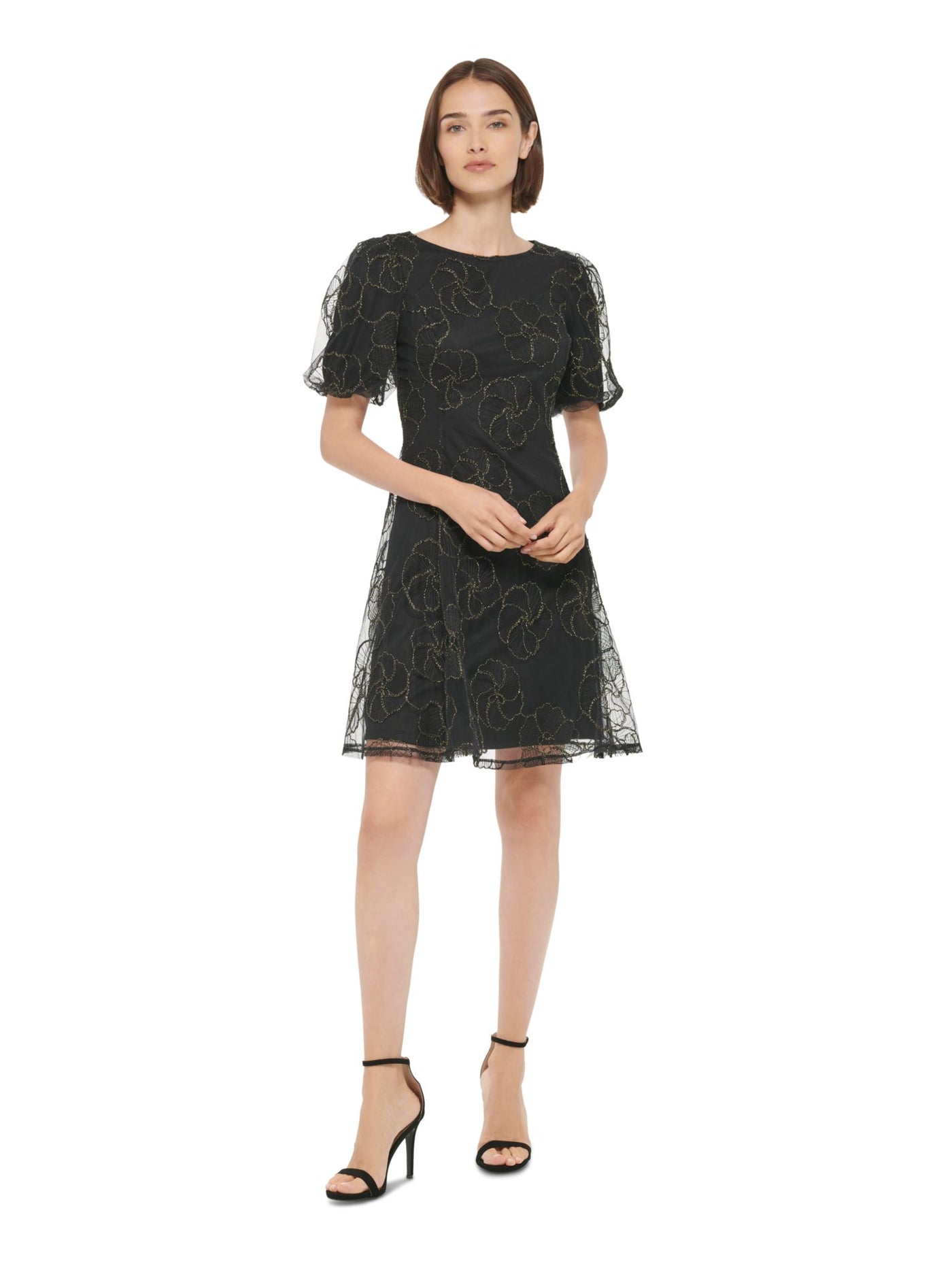 DKNY Womens Black Zippered Lined Sheer Mesh Floral Pouf Sleeve Round Neck Above The Knee Fit + Flare Dress 6