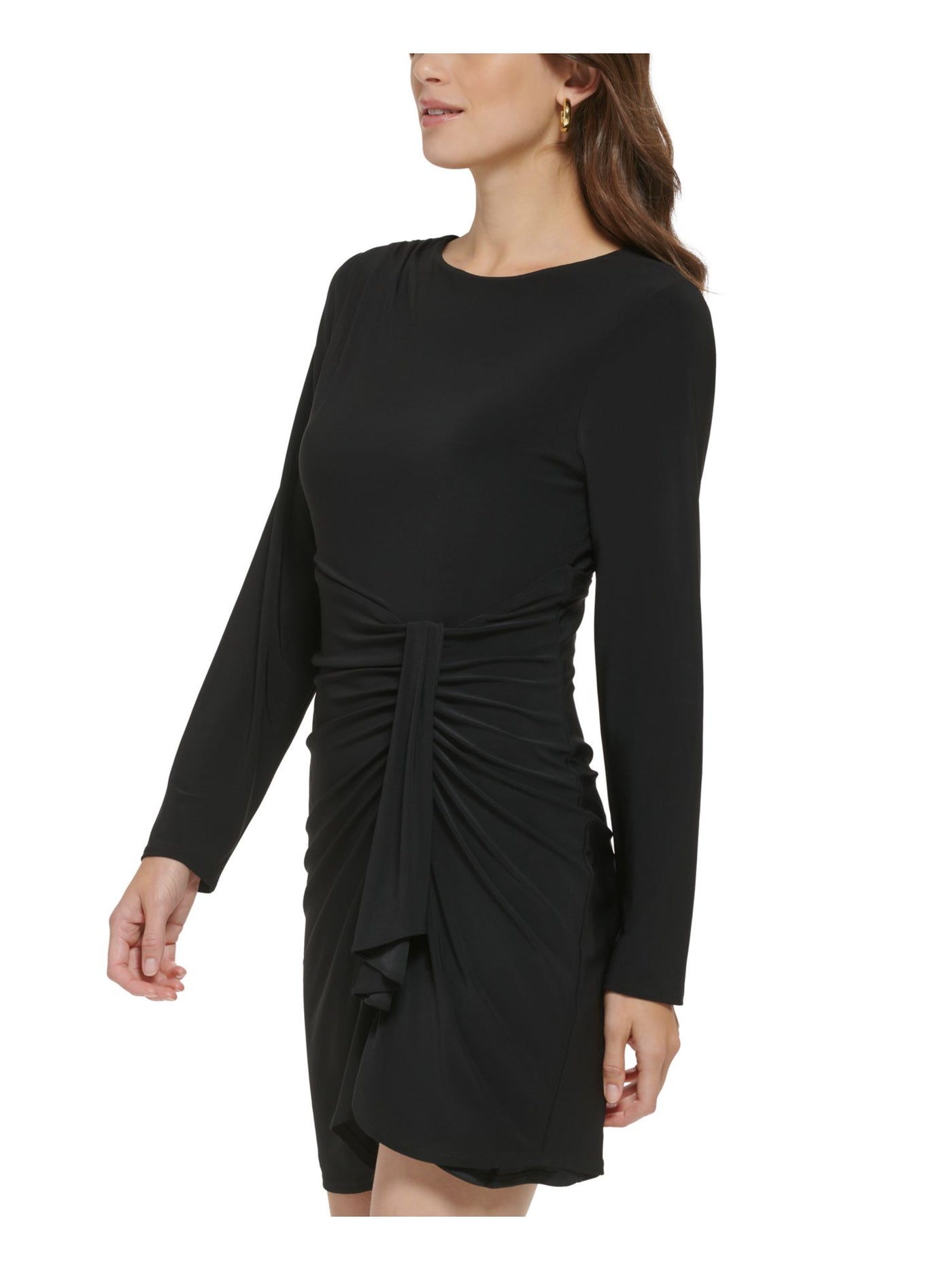 DKNY Womens Black Zippered Ruffled Ruched Lined Long Sleeve Round Neck Short Sheath Dress 8