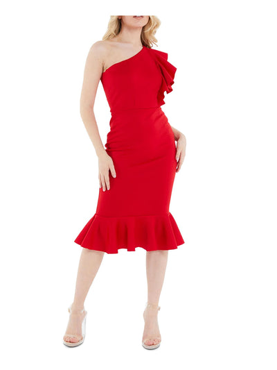 QUIZ Womens Red Ruffled Pullover Flutter Sleeve Asymmetrical Neckline Below The Knee Party Sheath Dress 12