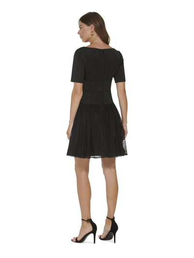 DKNY Womens Black Zippered Lined Mesh Skirt Elbow Sleeve Square Neck Above The Knee Fit + Flare Dress 14