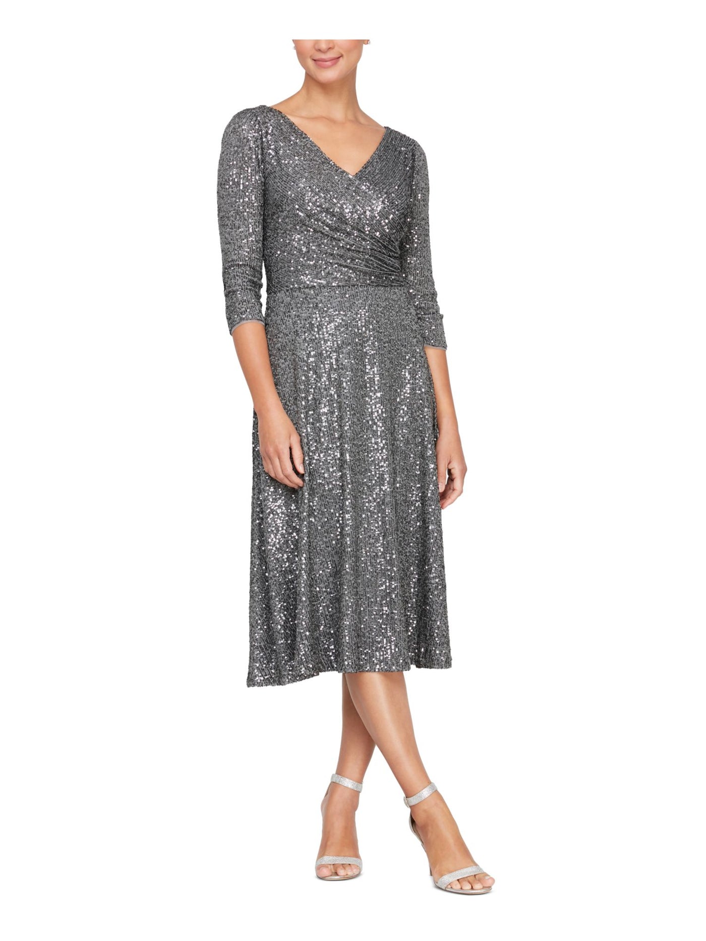 ALEX EVENINGS Womens Gray Sequined Zippered Lined Pleated 3/4 Sleeve Surplice Neckline Midi Evening Fit + Flare Dress 10