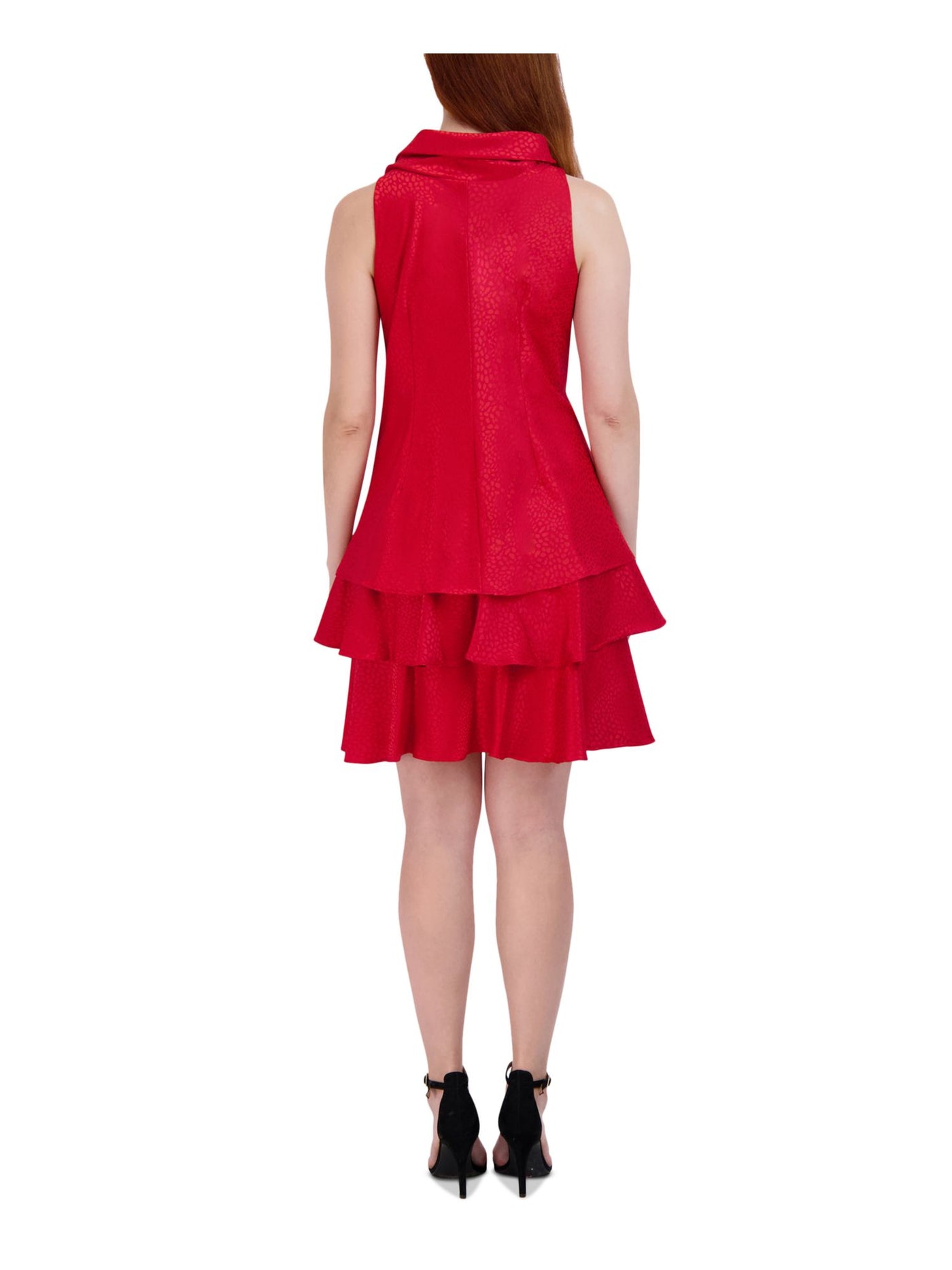 SIGNATURE BY ROBBIE BEE Womens Red Lined Tiered Hem Pullover Sleeveless Tie Neck Above The Knee Party Trapeze Dress Petites 6P