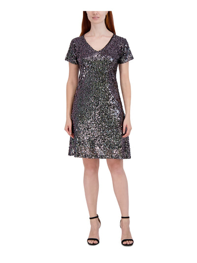 SIGNATURE BY ROBBIE BEE Womens Black Sequined Lined Short Sleeve V Neck Above The Knee Party Sheath Dress PM
