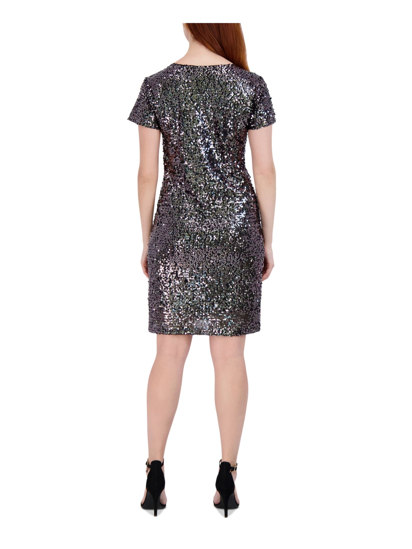 SIGNATURE BY ROBBIE BEE Womens Black Sequined Lined Pullover Short Sleeve V Neck Above The Knee Party Shift Dress Plus 1X